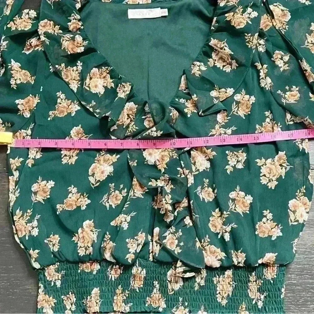 Lush Dark Green Floral Raya Peplum Smocked Waist Blouse Stitch Fix Milkmaid - Picture 13 of 14